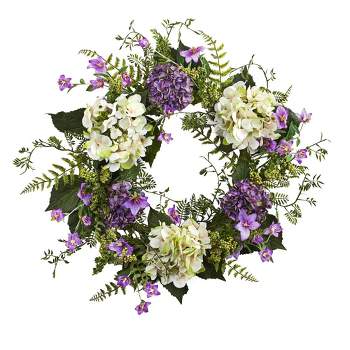 Nearly Natural 24” Artificial Hydrangea & Berry Wreath Lively Greens and Purple