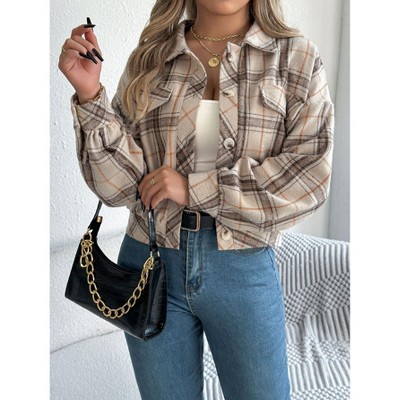 Women's Button Down Flannel Plaid Shirt Jacket Oversized Vintage Shacket Long Sleeve Collared Work Casual Shirts Tops