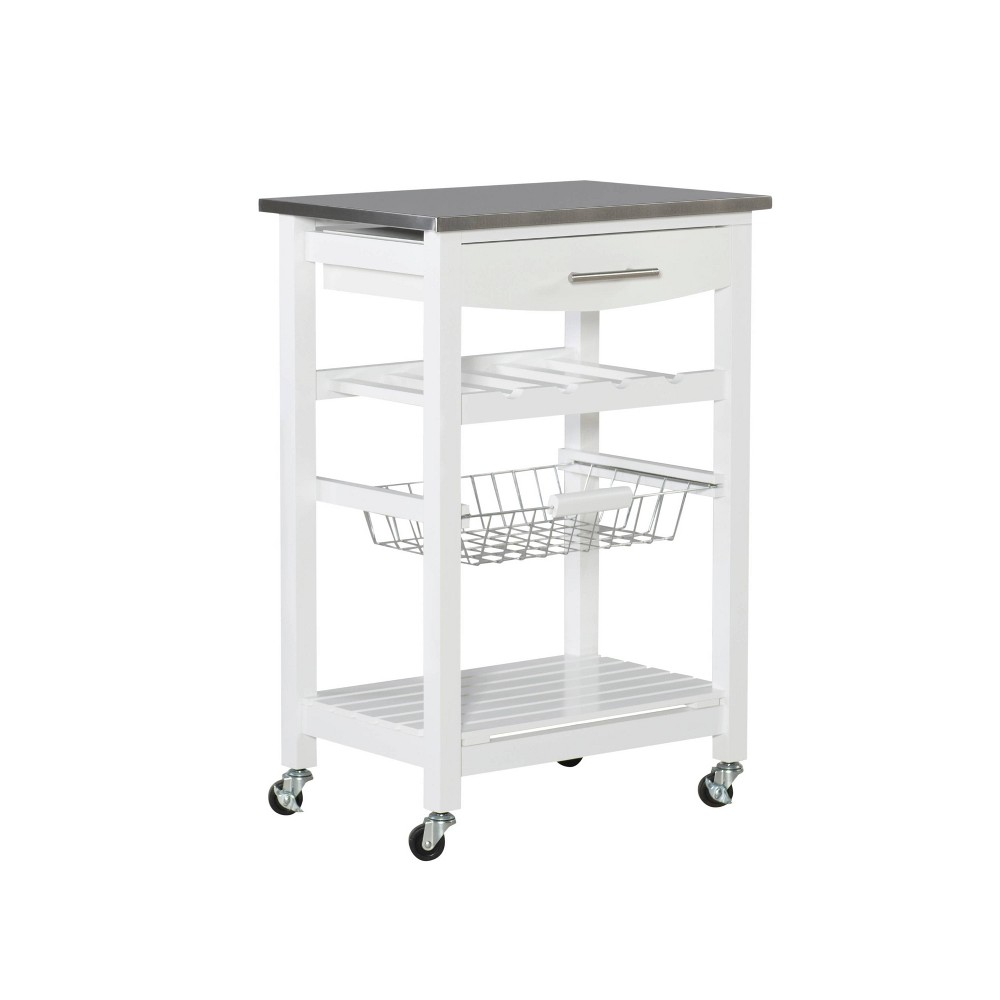 Photos - Other Furniture Linon Clarke White Wood Kitchen Cart Stainless Steel Top Basket & Drawer Wine St 