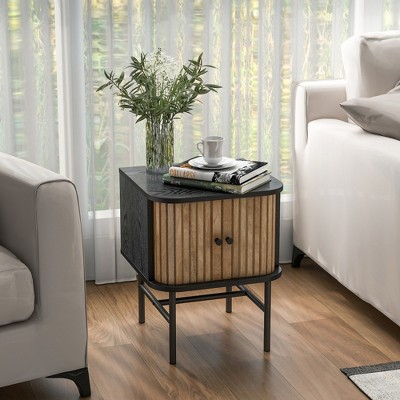 Set of 2 Black and Natural Wood Nightstands with Sliding Doors