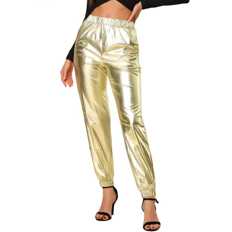 Allegra K Women's Metallic Shiny Sparkle Elastic Waist Pants, 1 of 7