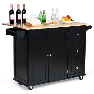 Costway Drop-Leaf Kitchen Island Trolley Cart Wood Storage Cabinet w/ Spice Rack Black - 1 of 4
