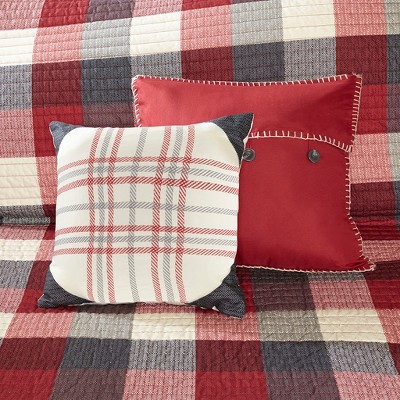 Red Full Reversible Plaid Quilt Set with Decorative Pillows