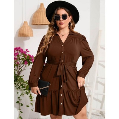Women's Plus Size Long Sleeve Dress V Neck Button Front Belted Shirt Dress A Line Ruffle Midi Dress