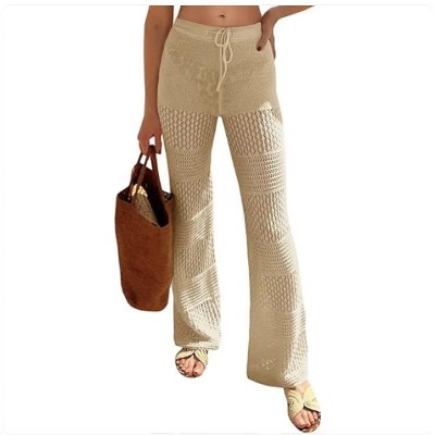 Wikineon Womens Beach Cover Up Pants Boho Crochet Knit High Waist Drawstring Sheer Hollow Swim Pant Swimwear