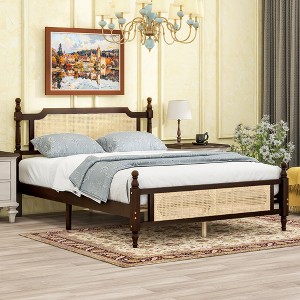 KIGFTSOD Queen Pine wooden Bed with Rattan Headboard and Footboard, with Central Enhanced Bed Platform - 1 of 4
