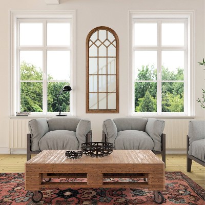 Rustic Brown Arch Wood Framed Windowpane Wall Mirror, 18 x 47