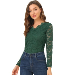 INSPIRE CHIC Women's Floral Embroidery Sheer Long Sleeves Lace Blouse - 1 of 4