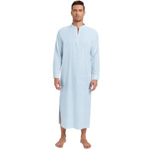 Men's Kaftan Robe Long Sleeve Thobe Button Down Henley Casual Side Split Gown Shirt - 1 of 4