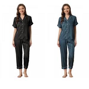INSPIRE CHIC Women's 4 Pcs Satin Short-Sleeve Button-Up Sleepwear & Long-Pants Pajama Set - 1 of 4