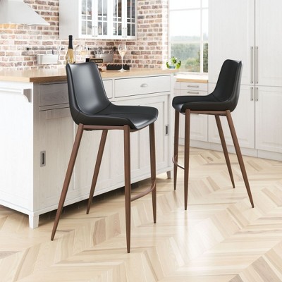Zuo Modern Magnus Barstool,43.3" H Black and Walnut Faux Leather Ergonomic Counter Stool,Set of 2