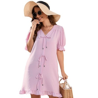 Womens V Neck Summer Dress Front Tie Detail Ruffle Trim Tunic Dress Ruffled Short Sleeve Pleated Pullover Sundress - Pink,XL