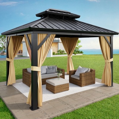 10x12FT Metal Hardtop Gazebo with Nettings & Curtains,Reinforced Hardtop & UV-Blocking SunShield with Lockable Privacy Curtains