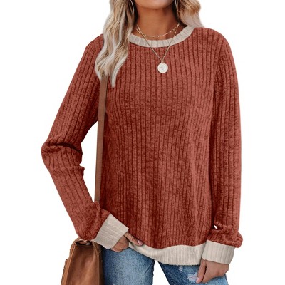 Women's Long Sleeve Color Block Tunic Sweater Tops Lightweight Loose Fit Fall Casual Crewneck Shirts