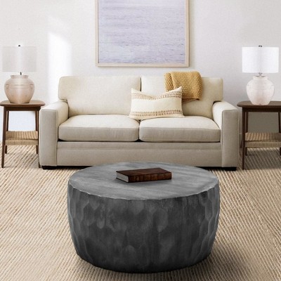 Royal Hampton Val 34 Inch Handcrafted Mango Wood Coffee Table, Hammered Round Drum Shape, Honeycomb,