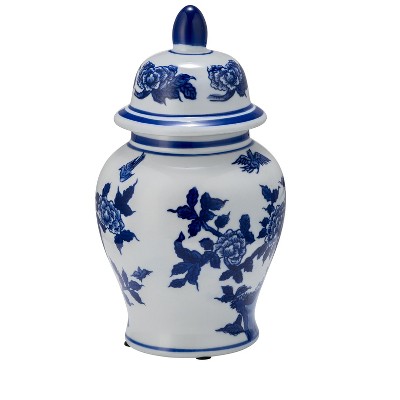 Sagebrook Home 10" Temple Jar with Lid - Ceramic White and Blue Chinoiserie Floral Stoneware for Home, Office
