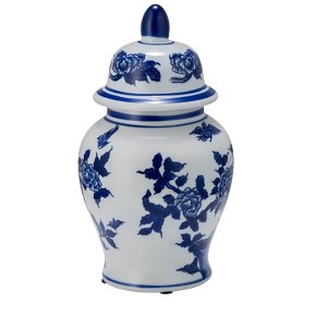 Sagebrook Home 10" Temple Jar with Lid - Ceramic White and Blue Chinoiserie Floral Stoneware for Home, Office - 1 of 4