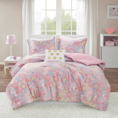 Twin Pink Multi/Gold Microfiber Plush Comforter Set with Hearts