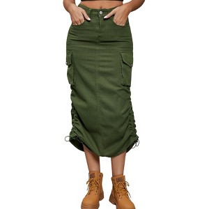 Women Y2k Cargo Long Skirt Low Waist Drawstring Maxi Skirt Ruched Vintage Slit Cargo Skirt with Pockets - 1 of 4
