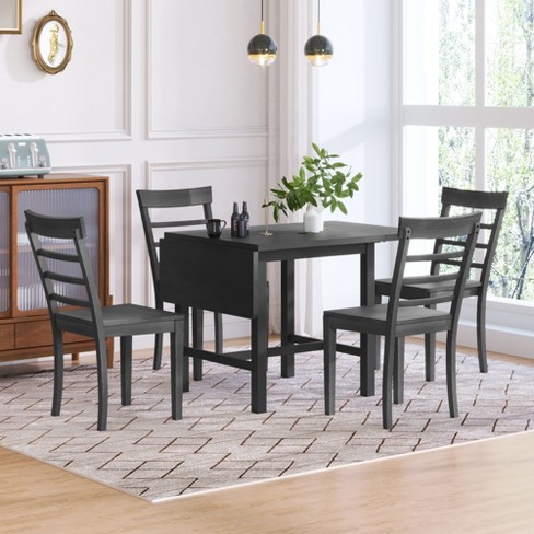 5 Pcs Extendable Dining Table Set Wood Square Drop Leaf Breakfast