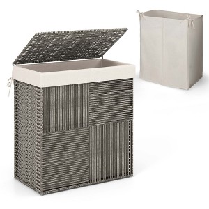Costway Hand-woven Rattan Laundry Hamper with Lid Removable Liner Bag 29-Gallon 2-Section - 1 of 4