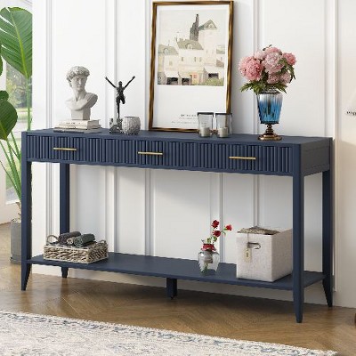 PAGED 60" Console Table with Vertical Triple Drawers & Open Shelf, Wavy Design Entryway Table – Lacquer Finish, Entryway Sofa Table