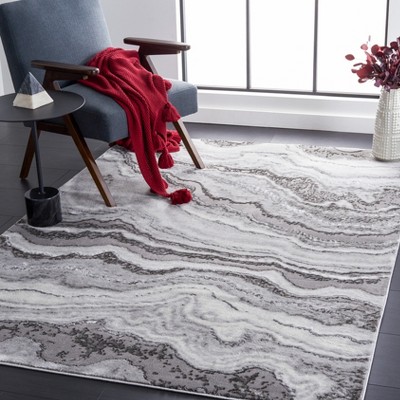 Grey and Dark Grey Abstract Synthetic Rectangular Area Rug, 6'7" x 9'