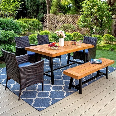 6pc Patio Dining Set With Acacia Table & Bench & 4 Pe Rattan Chairs ...