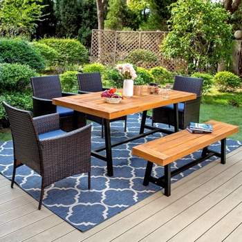6pc Patio Dining Set with Acacia Table & Bench & 4 PE Rattan Chairs - Captiva Designs