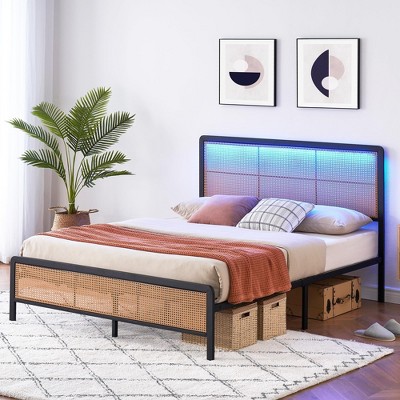 Full Size Rattan Bed Frame with Led Light Headboard, Bohemian Style Cane Boho Bed Frames