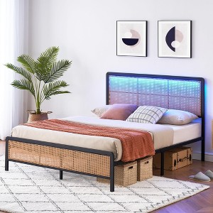 Full Size Rattan Bed Frame with Led Light Headboard, Bohemian Style Cane Boho Bed Frames - 1 of 4