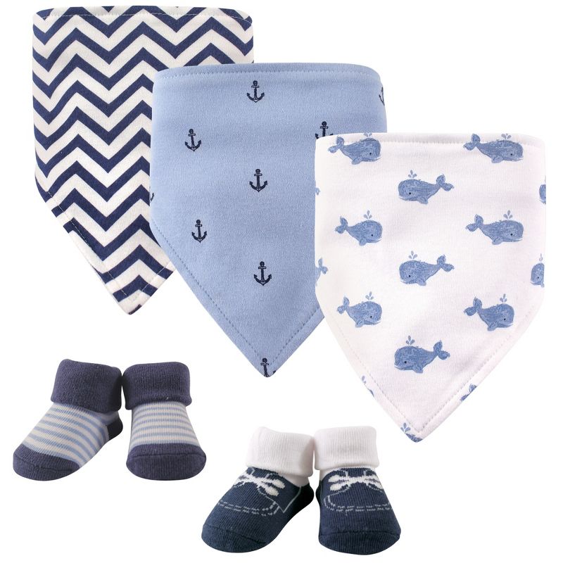 Hudson Baby Infant Boy Cotton Bib and Sock Set 5pk, Whale, One Size, 1 of 9
