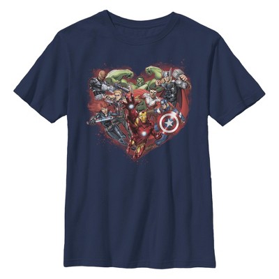 Boy's Marvel Valentine's Day Avenger Heart Collage  T-Shirt - Navy Blue - X Large