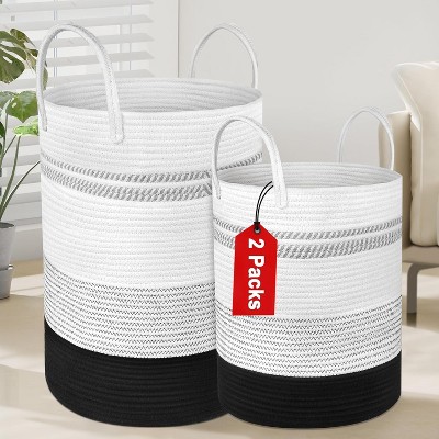 2 Pack Large Tall Rope Laundry Baskets, Cotton Laundry Hamper, , Blanket Basket Storage for Living Room,Baby Room, 58L&28L