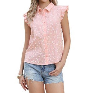 INSPIRE CHIC Women's Turndown Collar Ruffle Cap Sleeve Summer Button Down Floral Printed Blouses - 1 of 4