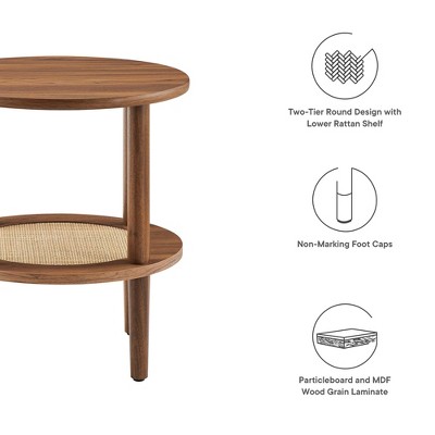 Walnut Round Wood Side Table with Rattan Shelf
