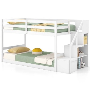 Costway Twin Over Twin Low Bunk Bed Solid Wood Floor Bunk Bed Frame with Storage Stairs - 1 of 4