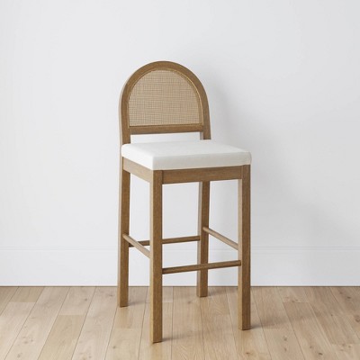 Bailey Cream Boucle and Rattan Back Bar Stool with Solid Wood Legs