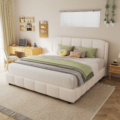 Queen Size Platform Bed, Wooden Upholstered Bed Frame with Curved Design Headboard, Beige -Christopher Knight Home