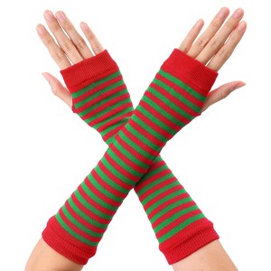 Allegra K Women's Stripe Print Knitted Fingerless Elbow Length Gloves Warmers One Size 1 Pair - 1 of 4