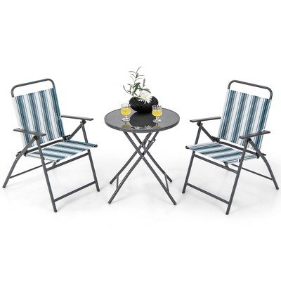 Tangkula 3 Pieces Patio Folding Chair Set w/ 2 Chairs & Glass Round Coffee Table Porch Deck Backyard