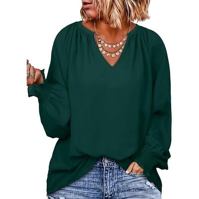Plus Size Womens Tops Casual Smocked Ruffle Long Sleeve Blouse Top Shirts