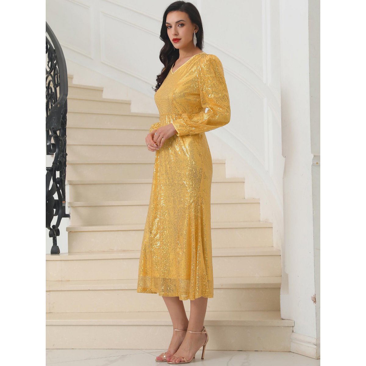 Женские платья INSPIRE CHIC Women's Long Sleeve V-neck Dresses Gold Small — фото 2