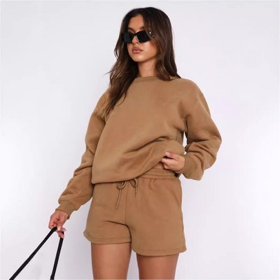 Mocamel Solid loose versatile casual round-neck sweatshirt and shorts set