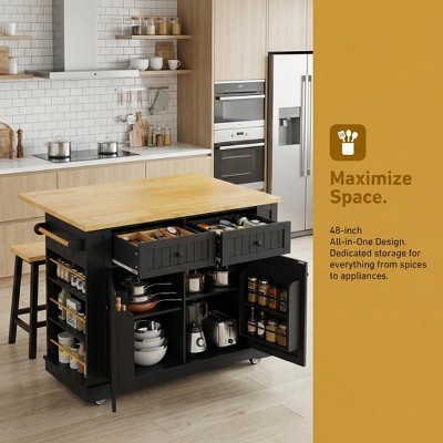 LauKingdom 48" Large Kitchen Island with 2 Bar Stools, Power Outlet, Drop Leaf Countertop, 5 Wheels, 2 Drawers, Door Storage Rack & Open Side Shelves, Black — фото 5