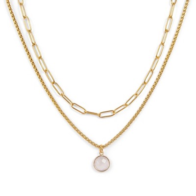 Gold Plated Paperclip Chain & White Quartz Pendant Necklace Set 2pc - ETHICGOODS
