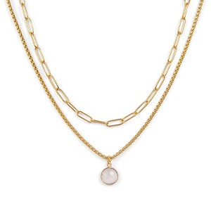 Gold Plated Paperclip Chain & White Quartz Pendant Necklace Set 2pc - ETHICGOODS - 1 of 4