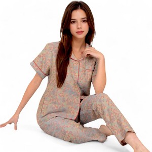 Anna-Kaci Lounge Women's Floral Print Short Sleeve Pajama Set with Button-Up Top and Piping Details - 1 of 4