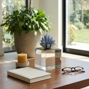 Decorative Cube Glass Floral Sculpture with Marble Base for Home