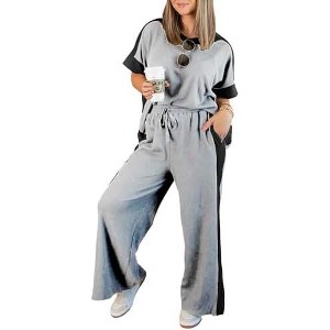 EXLURA Womens Summer 2 Piece Outfits Color Block Short Sleeve Tops Tracksuit Wide Leg Pants Matching Set Lounge Sets 2025 - 1 of 4